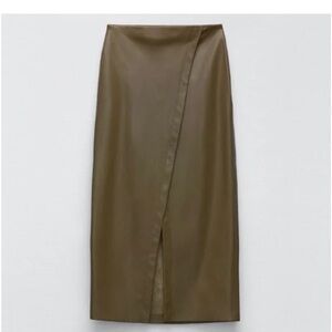 Zara Olive Faux-Leather Wrap Pencil Skirt